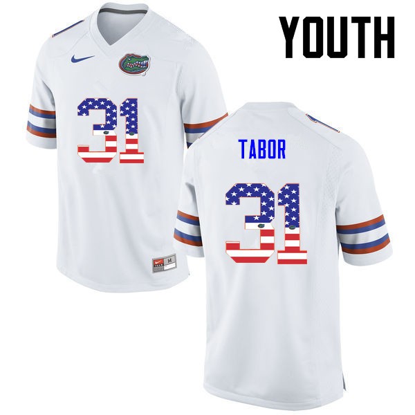 Florida Gators Youth #31 Teez Tabor College Football USA Flag Fashion White
